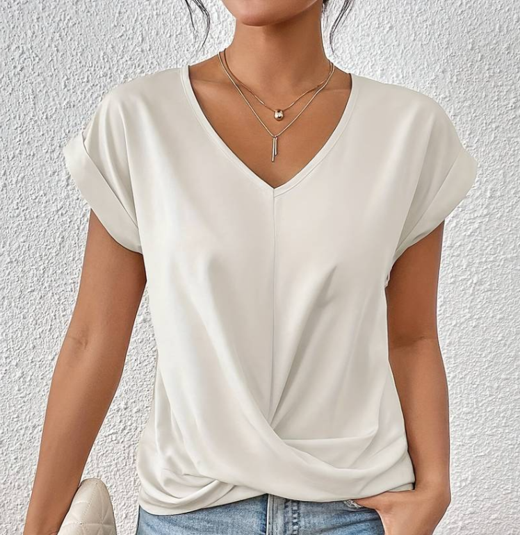 CELIN | V-Hals Top met Gewikkelde Zoom en Casual Detail