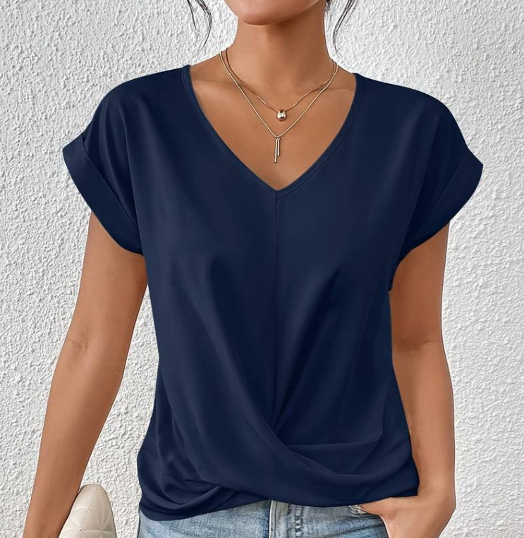 CELIN | V-Hals Top met Gewikkelde Zoom en Casual Detail