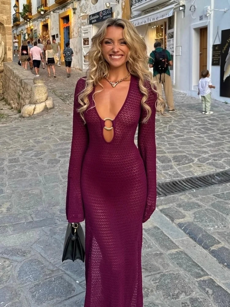 Solaré – Sexy Gehaakte Maxi Jurk met Flared Mouwen 2