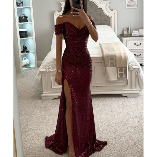Solenya | Off-Shoulder Avondjurk met Pailletten en Split 0