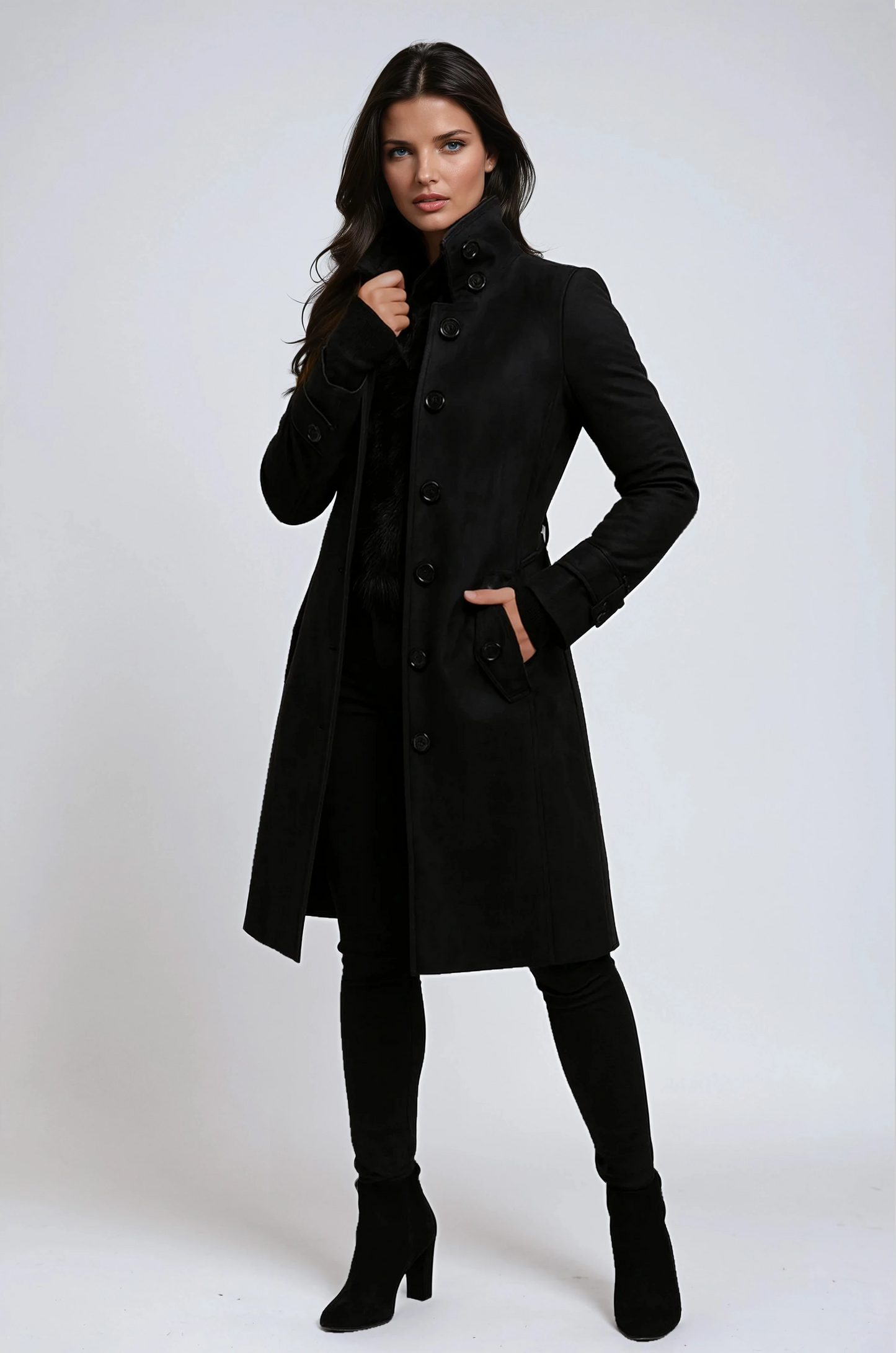 Stijlvolle Lange Dames Jas met Hoge Kraag – Elegante Winterjas voor Koude Maanden