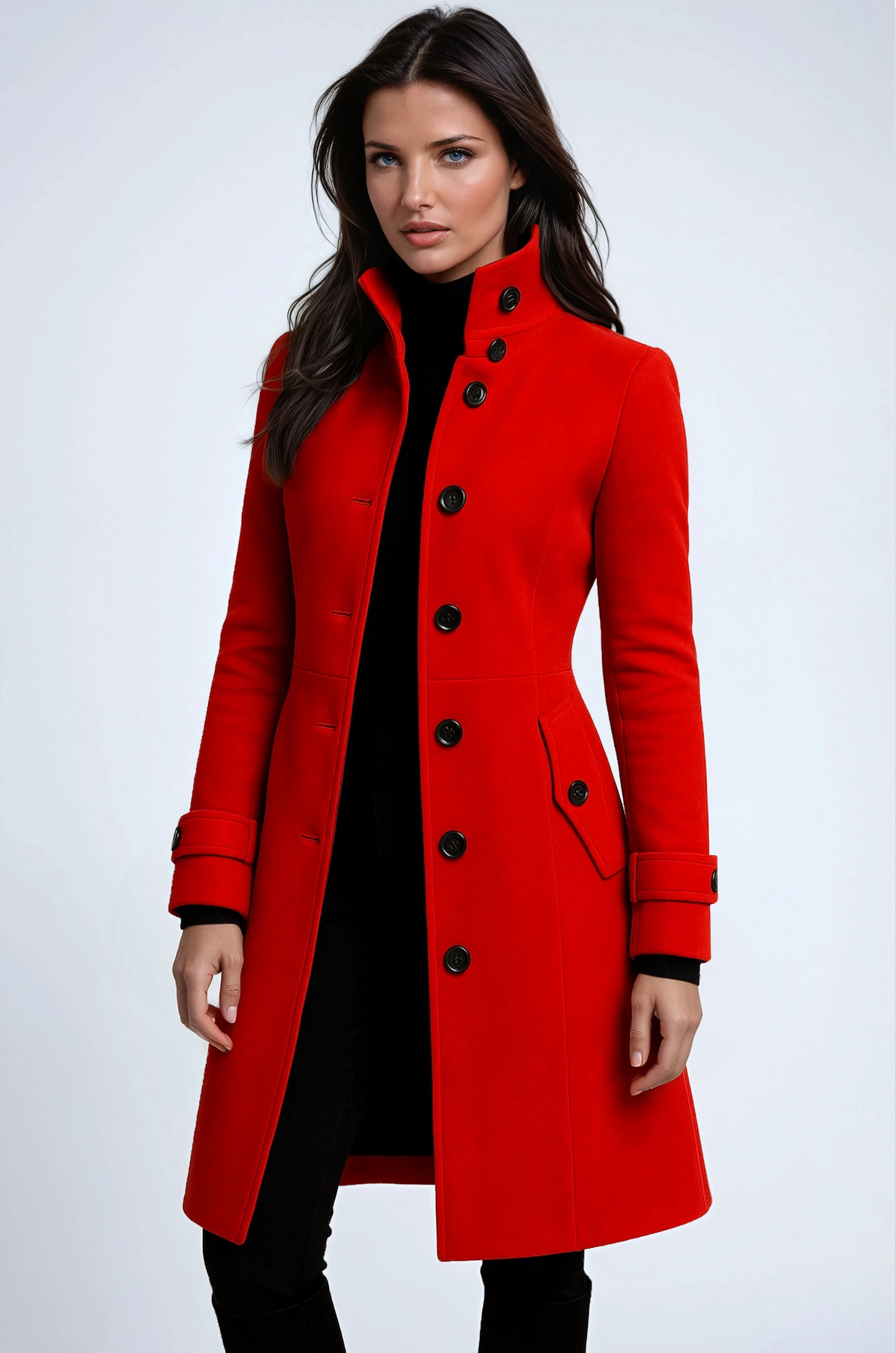 Stijlvolle Lange Dames Jas met Hoge Kraag – Elegante Winterjas voor Koude Maanden