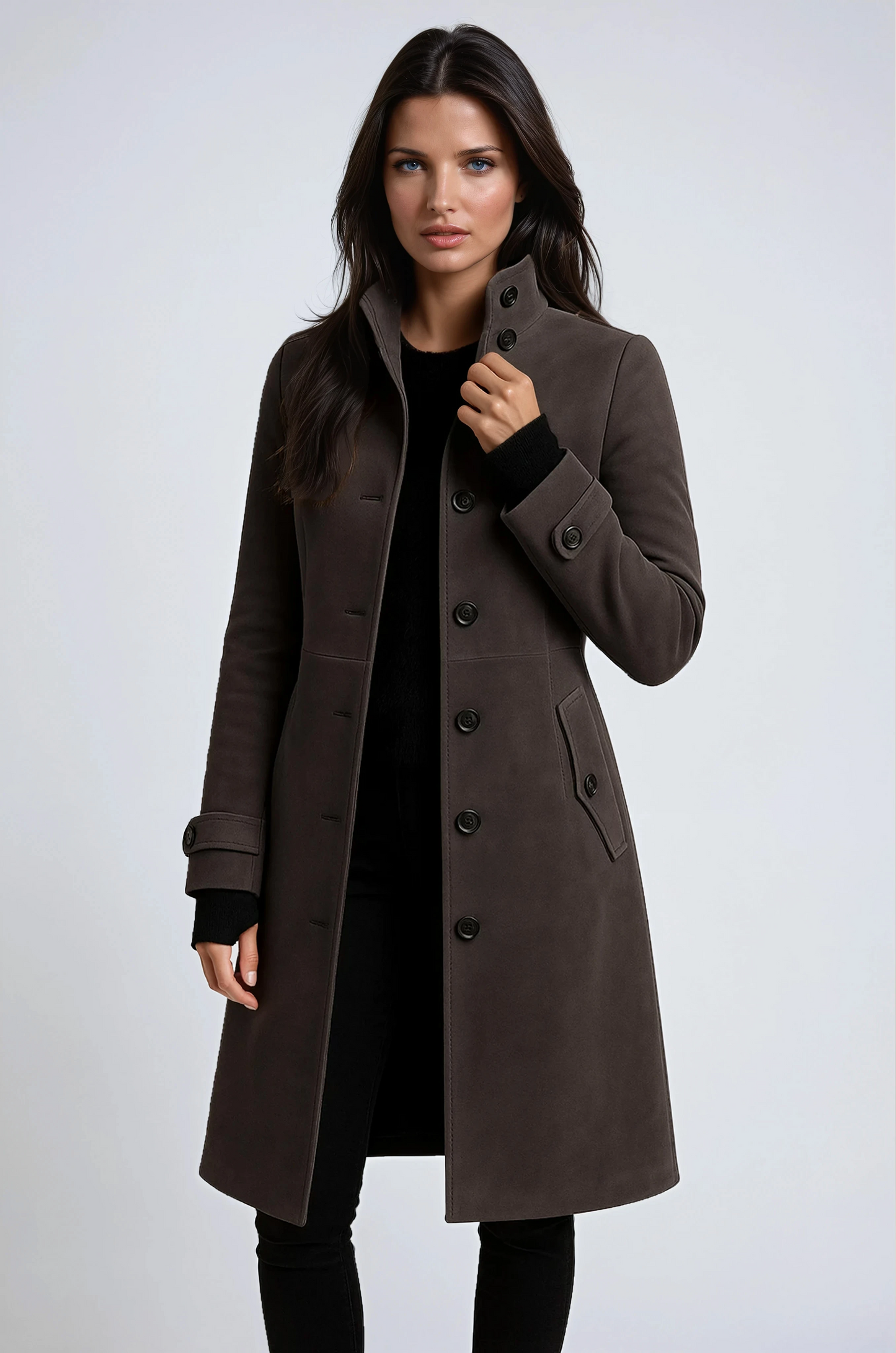 Stijlvolle Lange Dames Jas met Hoge Kraag – Elegante Winterjas voor Koude Maanden