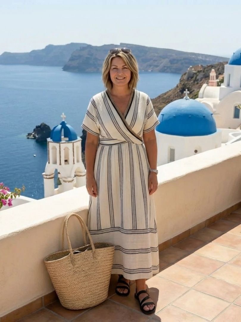 Talia Dames Midi-jurk | 100% Linnen, V-hals, Korte Mouwen 3