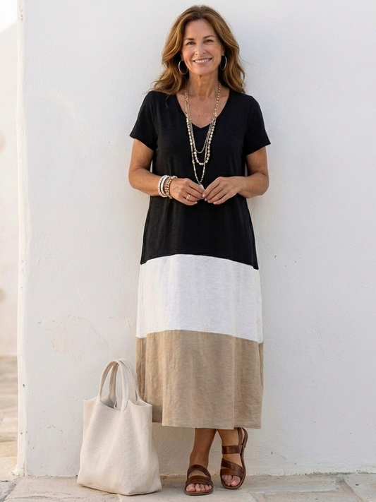 Talia Dames Midi-jurk | Kleurblok Design, V-hals, Korte Mouwen 0