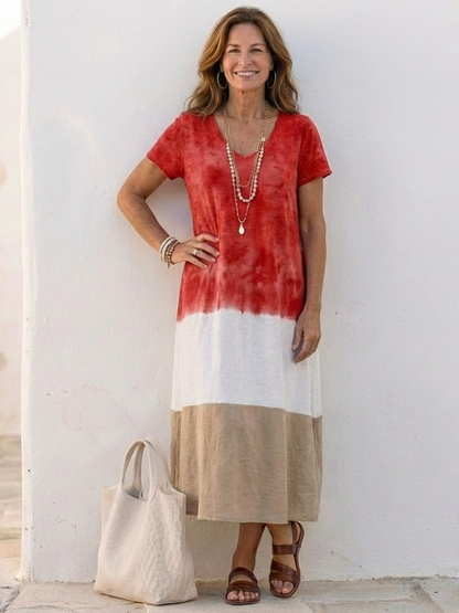 Talia Dames Midi-jurk | Kleurblok Design, V-hals, Korte Mouwen 2