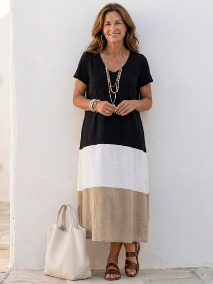 Tessa Dames Midi-jurk | Kleurblok, V-hals, Ademend 0