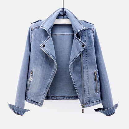Zarelle | Denim Spijkerjack met Asymmetrische Rits en Stoer Silhouet