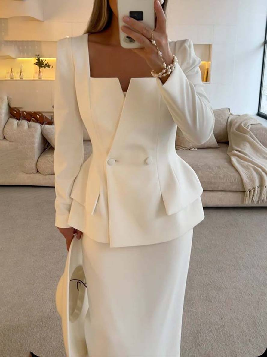 VALÉRIA | Elegante tweedelige kantoorset met blazer en rok 1