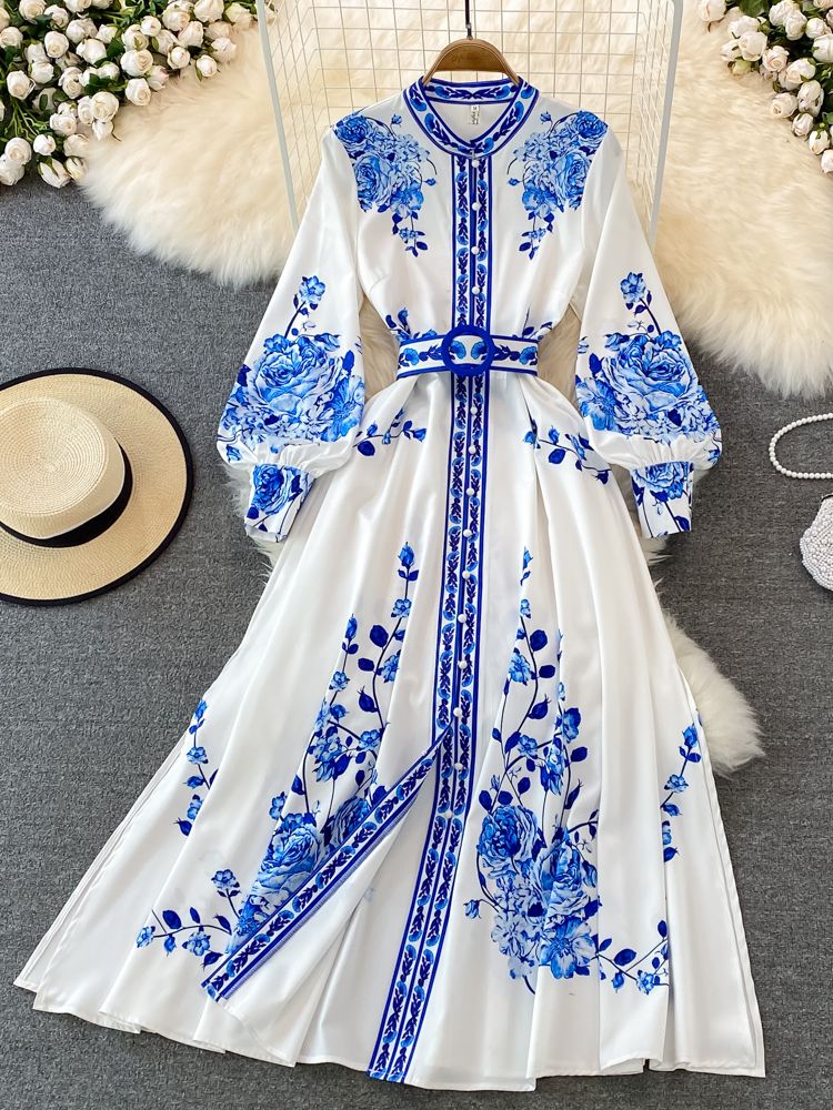 Wendy Lange Jurk Dames | Polyester, Bloemenprint met Lantaarnmouwen 1