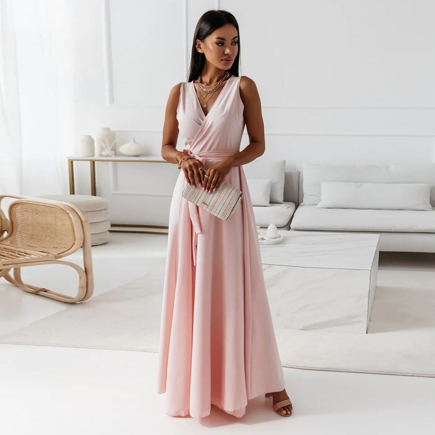 Wille Dames Lange Jurk | Elegante V-hals, Donkergroen Maxi Jurk 0