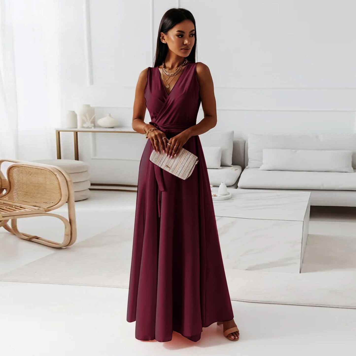 Wille Dames Lange Jurk | Elegante V-hals, Donkergroen Maxi Jurk 2
