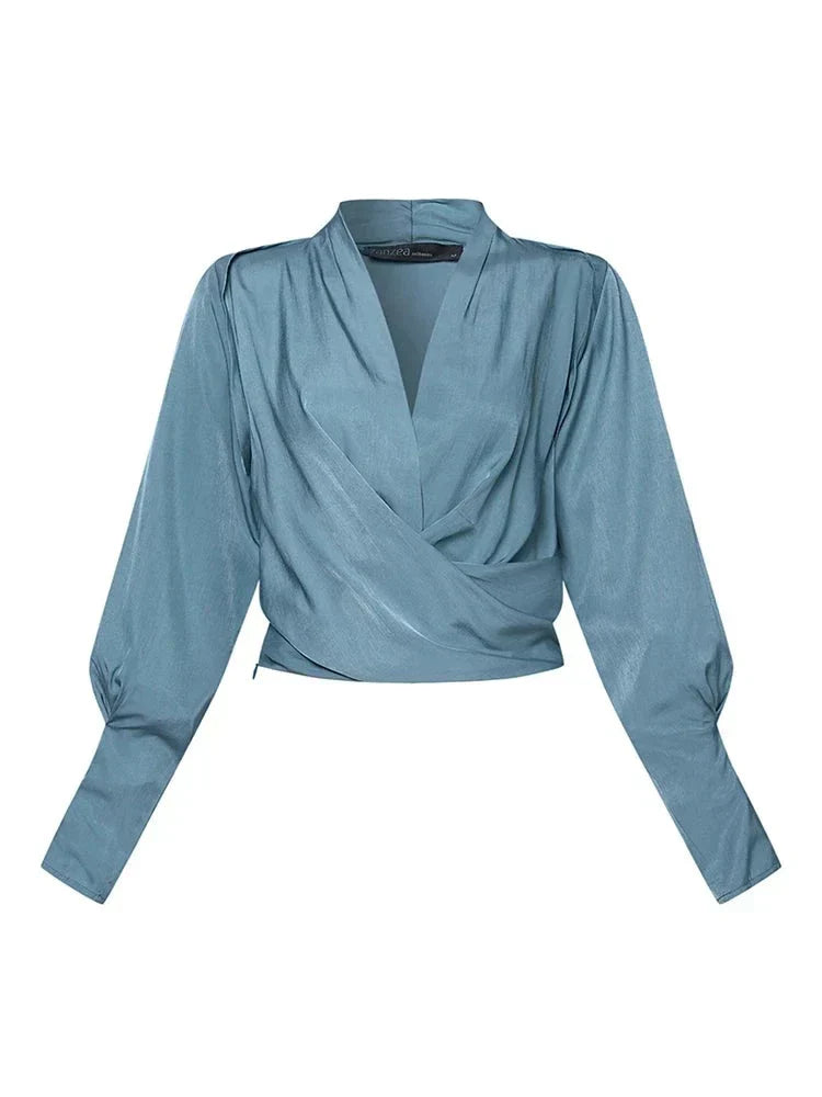 NEVINA | V-Hals Blouse met Pofmouwen en Gecentreerde Taille
