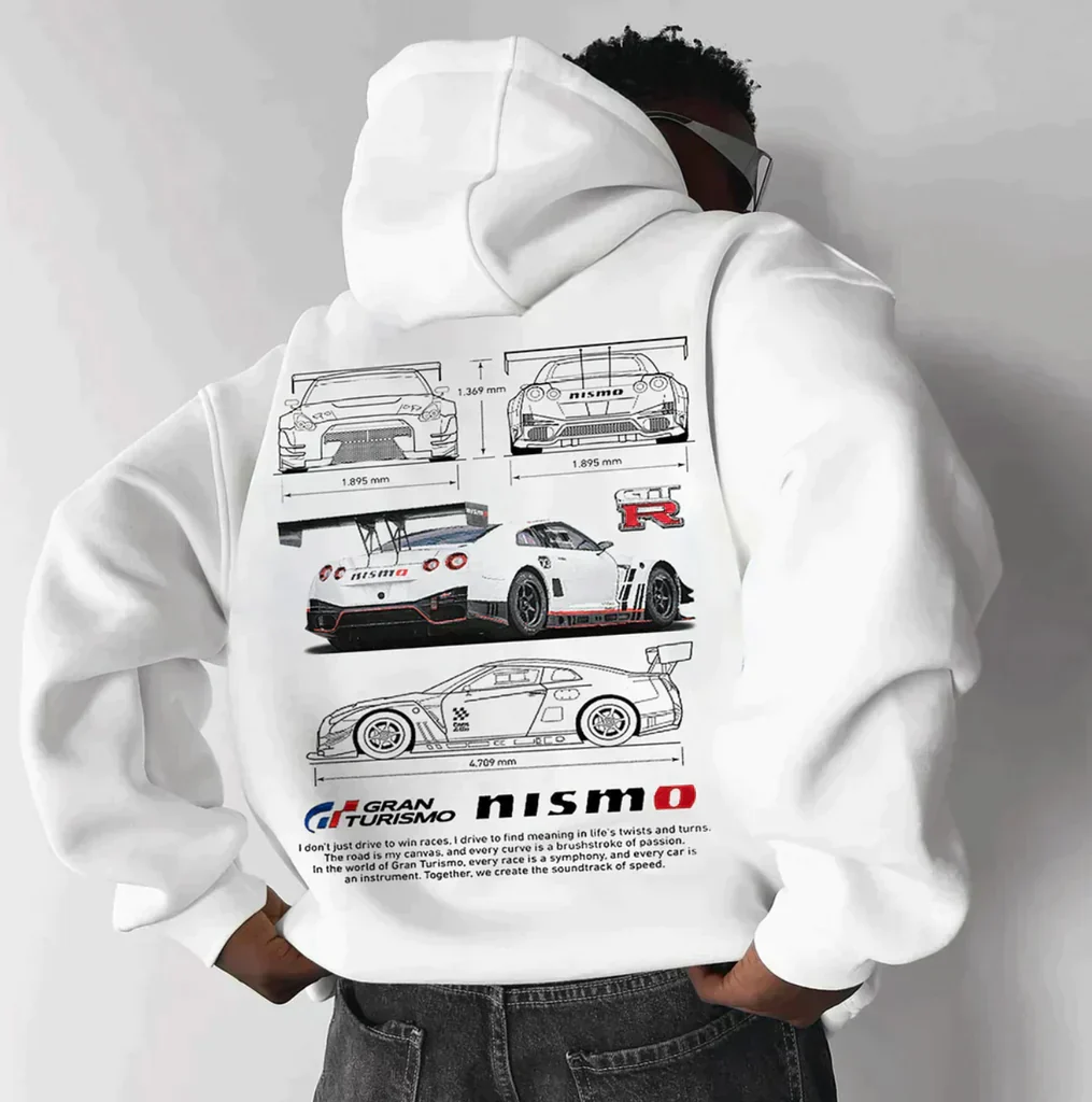 Hoodie met sportautoprint – Rugdesign met typografie en mouwopdruk