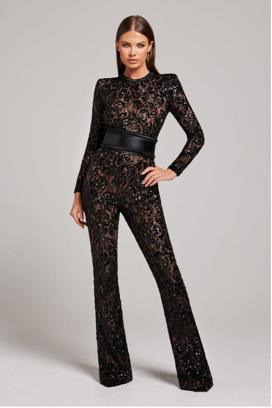 Bella | Lange Mouw Jumpsuit | Glamoureuze Avonden | Luxe Pailletten en Kant