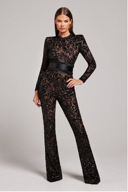 Bella | Lange Mouw Jumpsuit | Glamoureuze Avonden | Luxe Pailletten en Kant