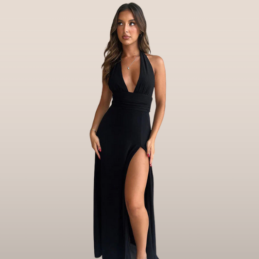 SYLÉNA | Halterjurk met split – Elegante avondjurk met diepe V-hals