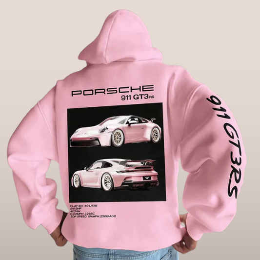 Hoodie met sportautoprint – Rugdesign met typografie en mouwopdruk