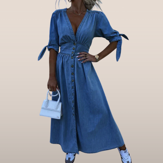 JENARA | Denim maxi-jurk met knopen en strikmouwen