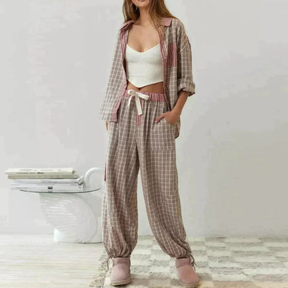 MARILU | Geruite Pyjama Set met Lange Mouwen
