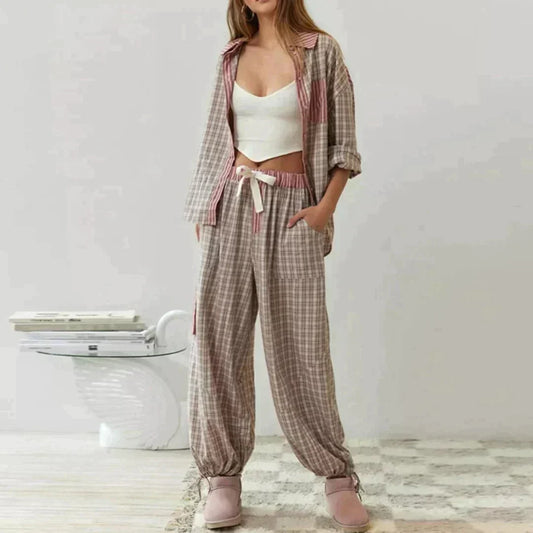 MARILU | Geruite Pyjama Set met Lange Mouwen