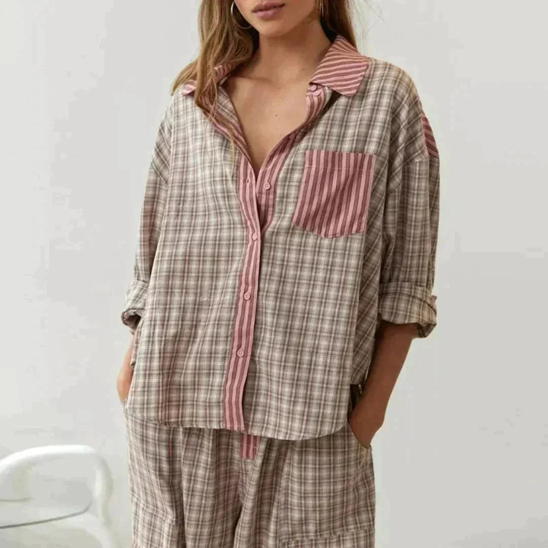 MARILU | Geruite Pyjama Set met Lange Mouwen