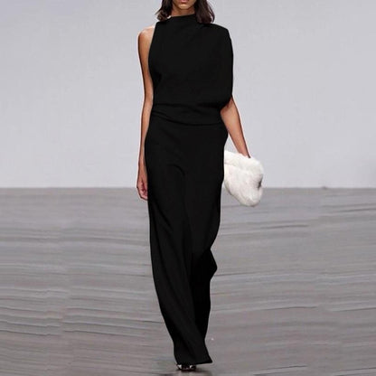 Loreva | Asymmetrische Jumpsuit met Hoge Kraag en Ontblote Schouder