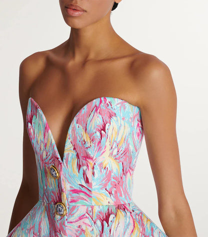 LEONTINA | Sculpturale Strapless Mini Jurk met Abstracte Print