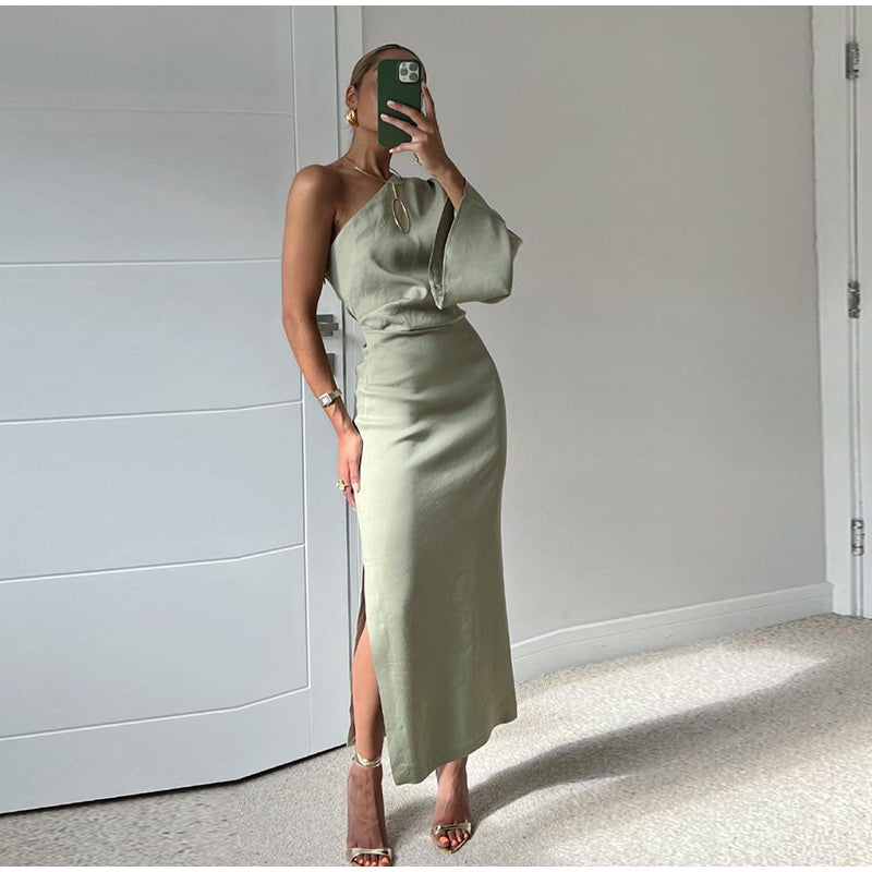 Liora | One-Shoulder Maxi Jurk van Linnenmix