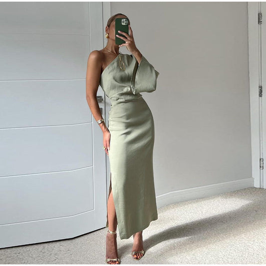 Liora | One-Shoulder Maxi Jurk van Linnenmix