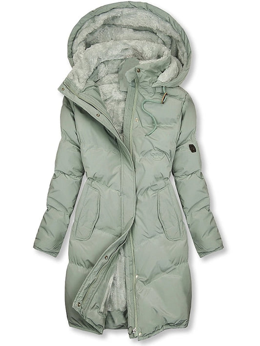 Dames lange gewatteerde puffer winterjas met capuchon en warme voering