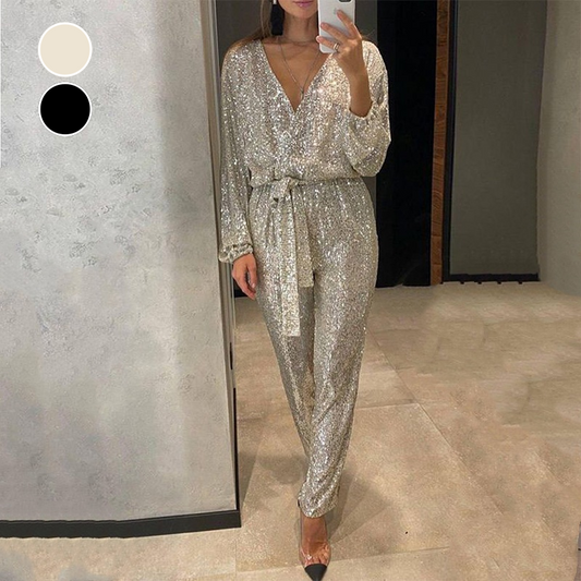 CELINNE | Glitterende Jumpsuit met V-hals en Elegante Tailleriem