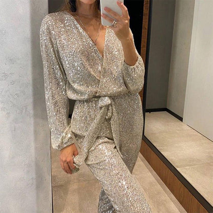 CELINNE | Glitterende Jumpsuit met V-hals en Elegante Tailleriem