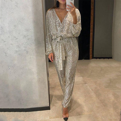 CELINNE | Glitterende Jumpsuit met V-hals en Elegante Tailleriem