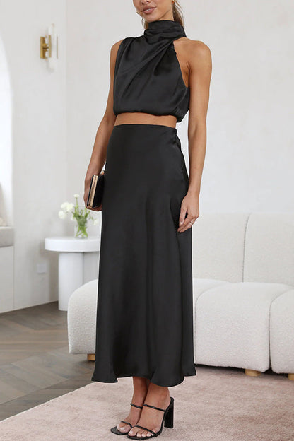SALVINA | Satijnen Two-Piece Set met Haltertop & Vloeiende Maxi-Rok